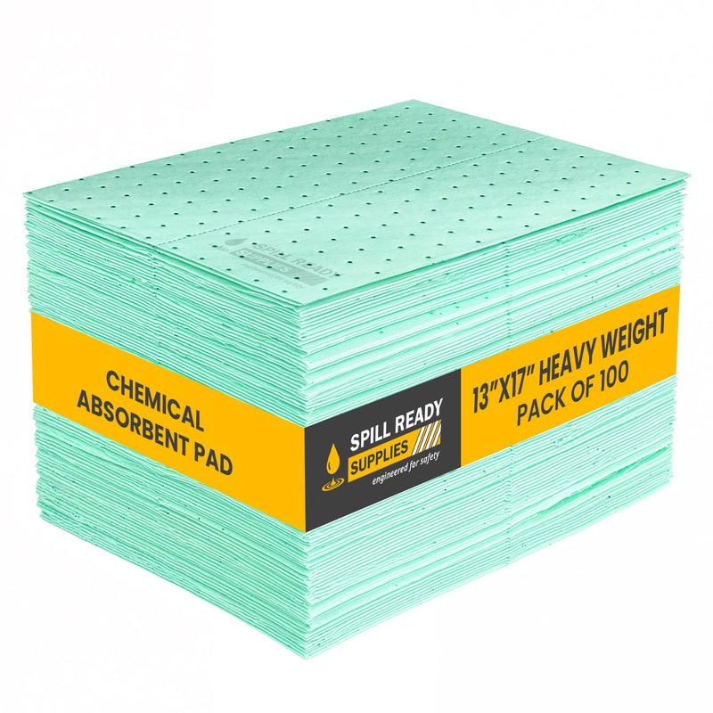 Chemical Absorbent Pads 13in x 17in 100-Pack | Green Hazmat Sorbent Pads for Acid & Chemical Spills | 4mm Heavyweight