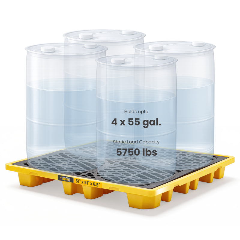 4-Drum Spill Containment Pallet | HDPE Yellow Forkliftable 28 Gal Sump | EPA Secondary Containment for 4 Drums