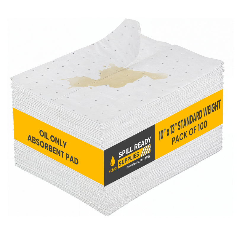 Oil Absorbent Pads 10in x 13in 100-Pack | White Hydrophobic Sorbent Pads for Oil, Fuel & Petroleum | 3mm