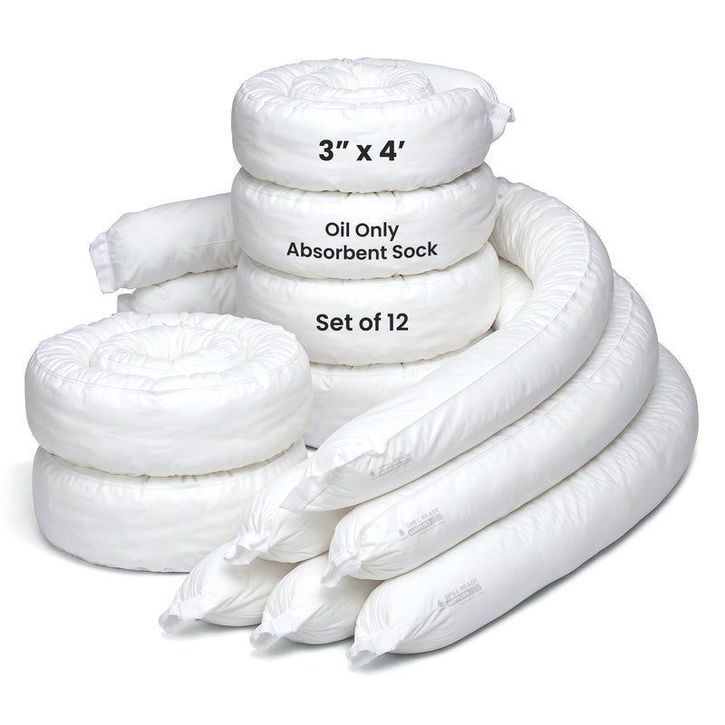 Oil Absorbent Socks 3in x 4ft 12-Pack | White Oil-Only Spill Containment Socks for Leaks & Drips