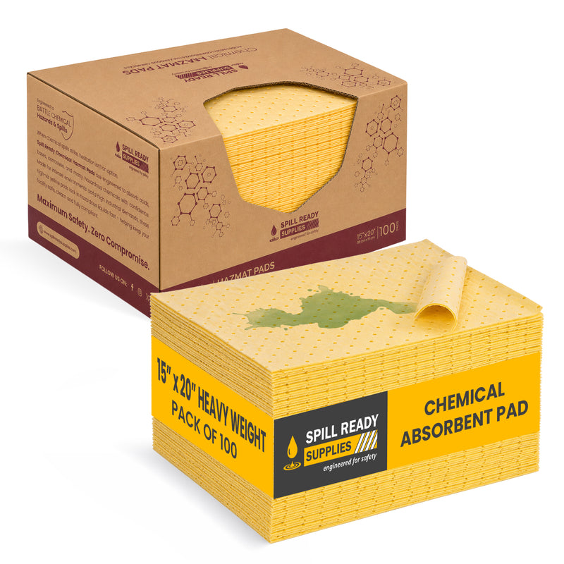 Chemical Absorbent Pads 15x20in 100-Pack Heavy | Yellow Hazmat Sorbent Pads for Acids Bases Solvents | Industrial