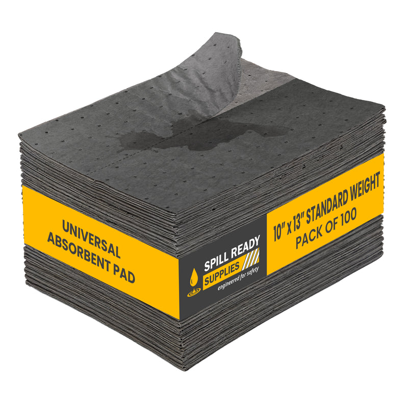 Universal Absorbent Pads 10in x 13in 100-Pack | Grey Industrial Sorbent Pads for Oil, Coolant & Water | 3mm