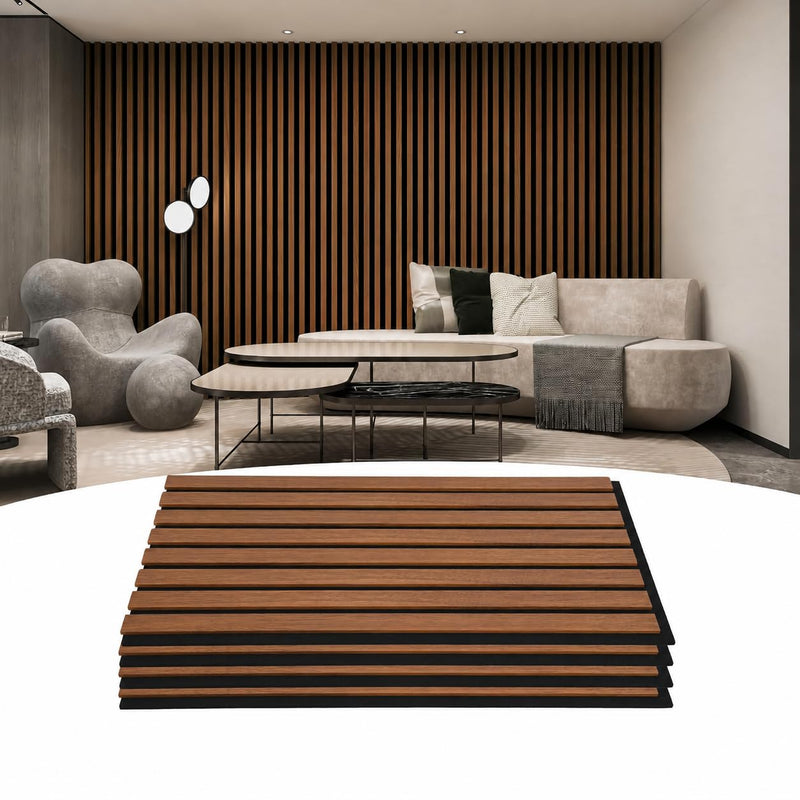 1x8 Walnut Wood Slat Acoustic Wall Panel - Black Felt (4-Pack)