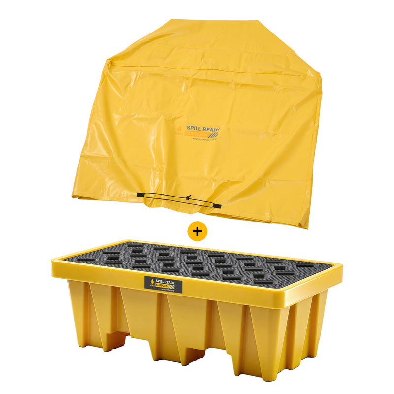 2-Drum Spill Containment Pallet with Tarp Cover Tall 50 Gal. Sump Capacity HDPE Drum Containment, Yellow
