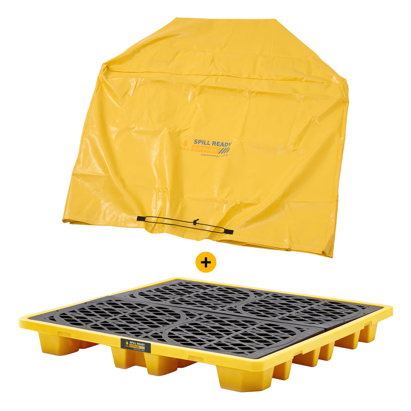 4-Drum Spill Containment Pallet with Tarp Cover Low-Profile 28 Gal. Sump up, HDPE Drum Spill Deck, Yellow