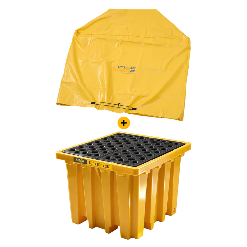 IBC Spill Containment Pallet with Tarp Cover 340 Gallon Sump, HDPE Tote Containment, Yellow
