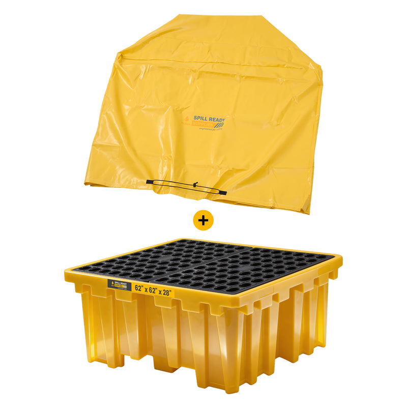 IBC Spill Containment Pallet with Tarp Cover, 290 Gal. Sump Capacity Tote Containment Basin for One IBC or Multiple Drums, Yellow
