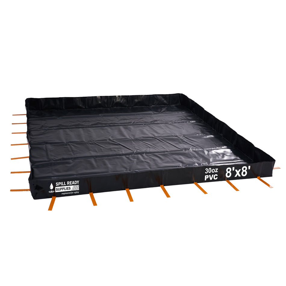 L-Bracket Spill Containment Berm, 30oz PVC Coated | 8' x 8' x 12inch | 3/4"-1" Drain | Black