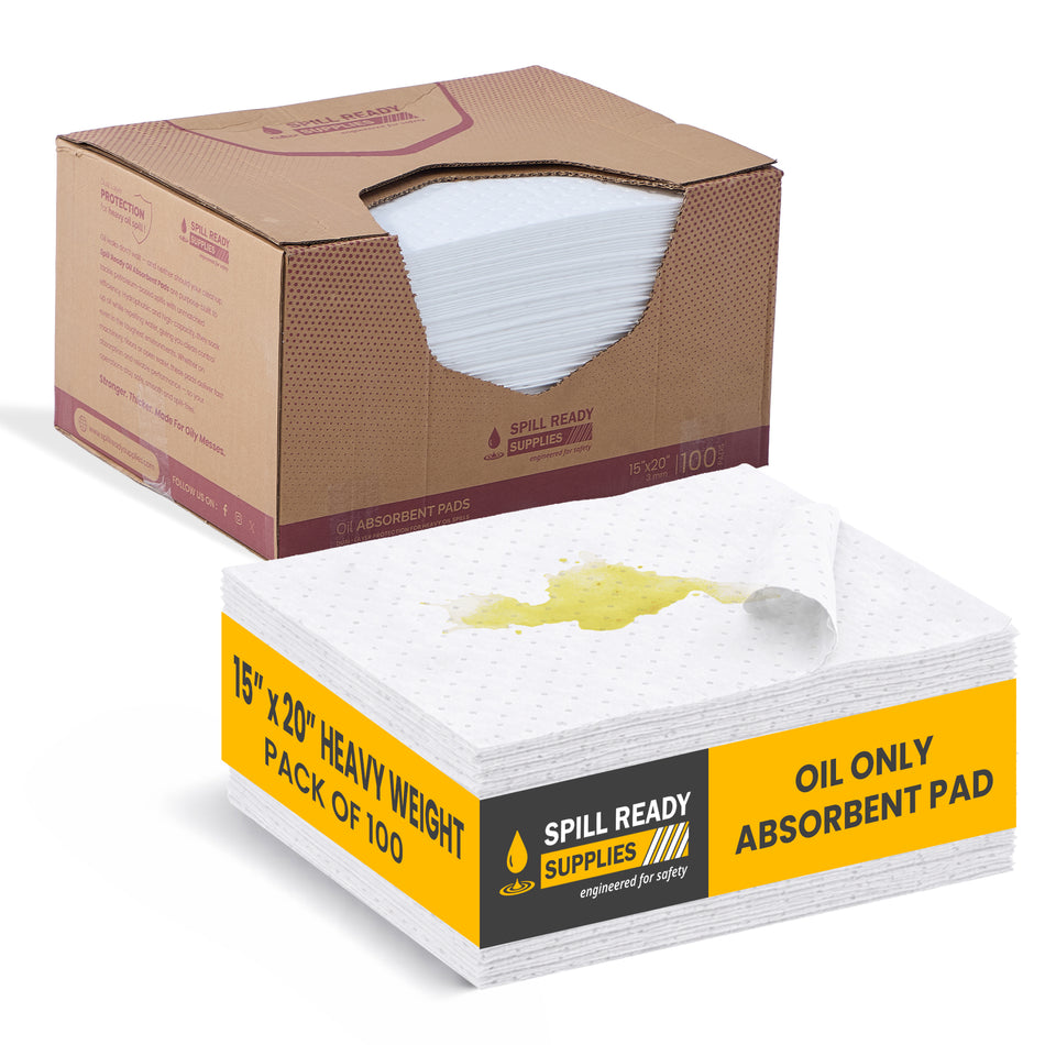 Oil Only Absorbent Pads 15" x 20" - 100 Pack, 3 mm Heavy Duty - High Capacity Hydrophobic Pads for Oil & Fuel Spills - White Industrial Sorbent Pads