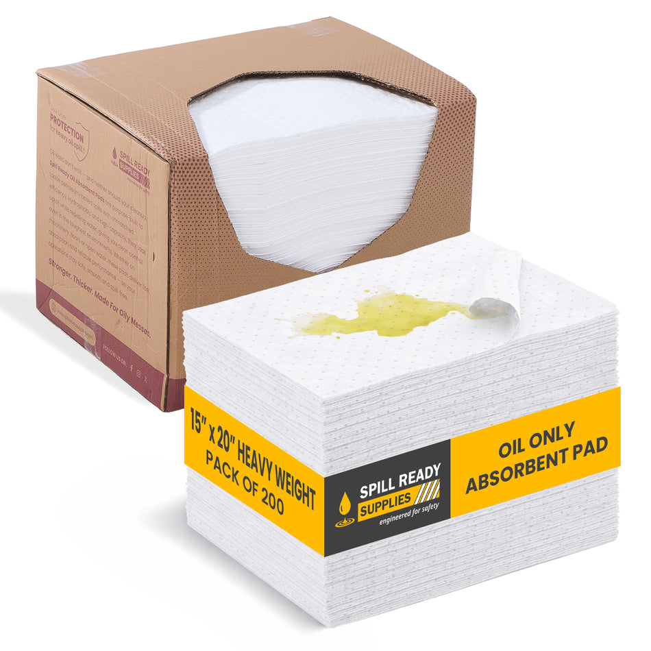 Oil Only Absorbent Pads 15" x 20" - 200 Pack, 2 mm Standard Weight - Hydrophobic Sorbent Pads for Oil & Fuel Spills - White Industrial Spill Mats