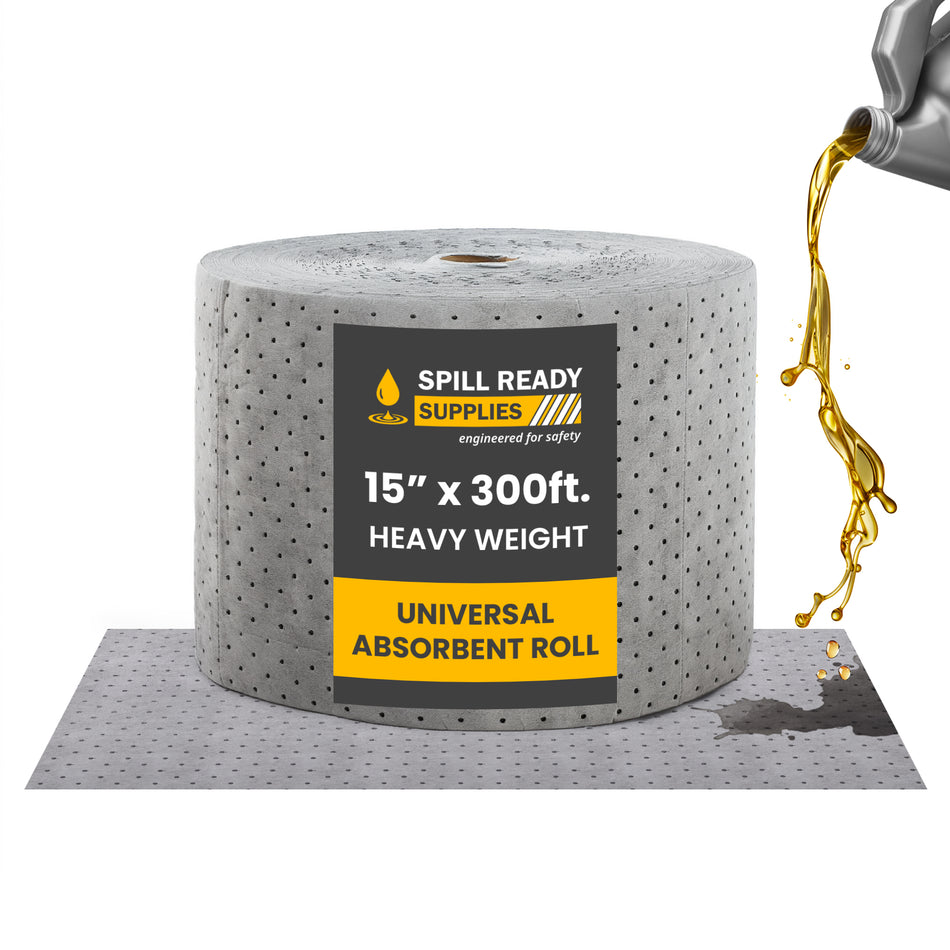 Universal Absorbent Mat Roll 15" x 300' - Perforated Industrial Sorbent Roll for Oil, Coolant & Water Spills - Grey Maintenance Runner