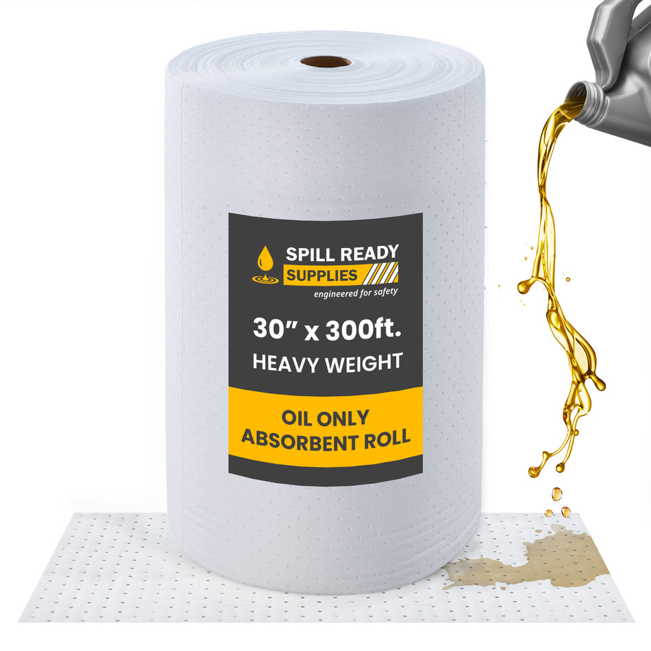 Oil Only Absorbent Mat Roll 30" x 300' - Hydrophobic Sorbent Roll for Oil & Fuel Spills - White Perforated Industrial Roll