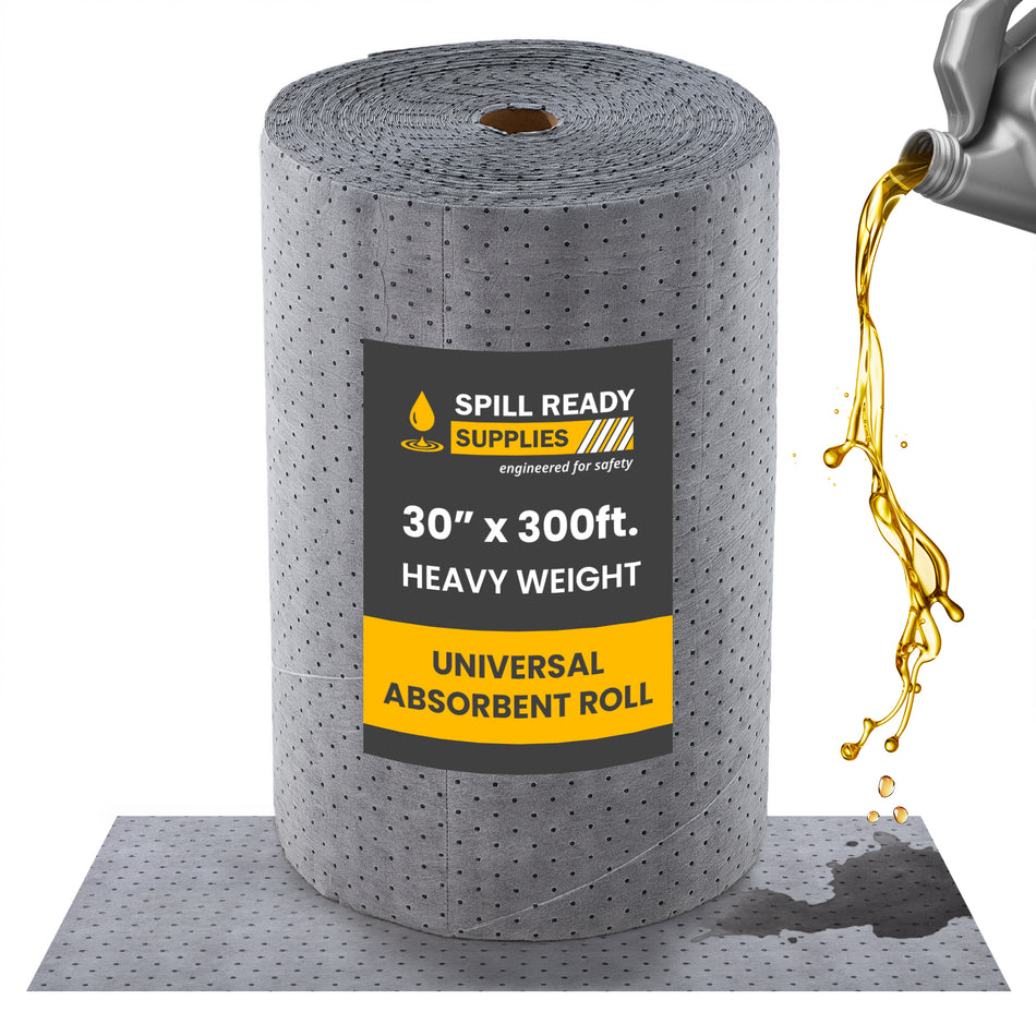 Universal Absorbent Mat Roll 30" x 300' - Perforated Industrial Sorbent Roll for Oil, Coolant & Water Spills - Gray Maintenance Runner