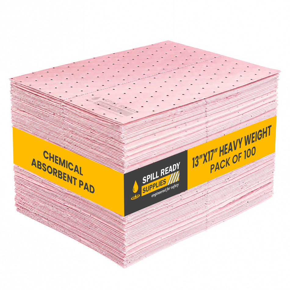 Chemical Absorbent Pads 13in x 17in 100-Pack | Pink Hazmat Sorbent Pads for Acid & Chemical Spills | 4mm Heavyweight