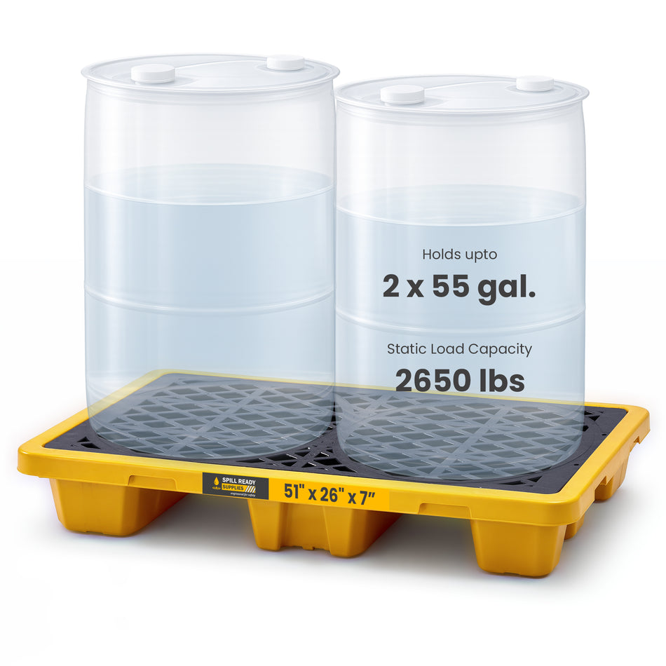 2-Drum Spill Containment Pallet, HDPE, 16 Gal. Sump Capacity, Yellow