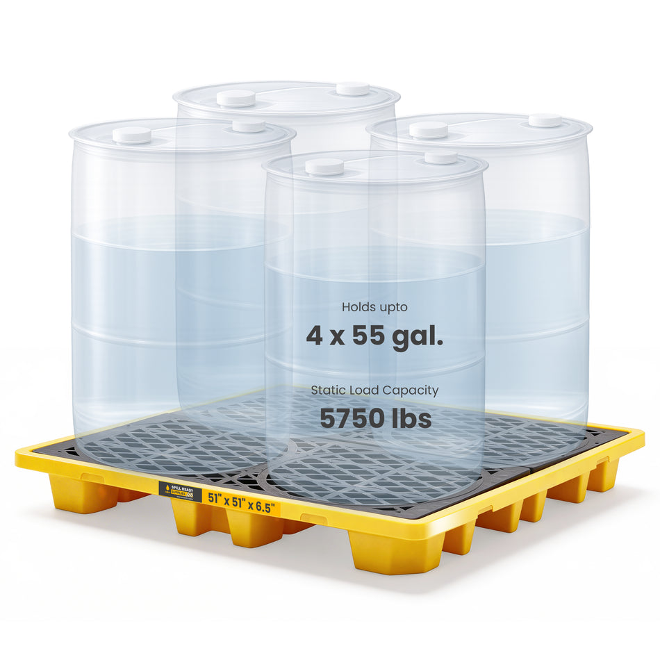 4-Drum Spill Containment Pallet - 52" x 52" x 7" Low-Profile 28 Gal. Sump up, HDPE Drum Spill Deck, Yellow