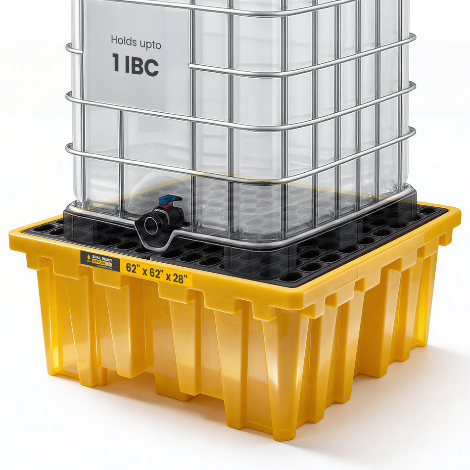 IBC Spill Containment Pallet – 62" x 62" x 28" Tote Containment Basin for One IBC or Multiple Drums, Yellow