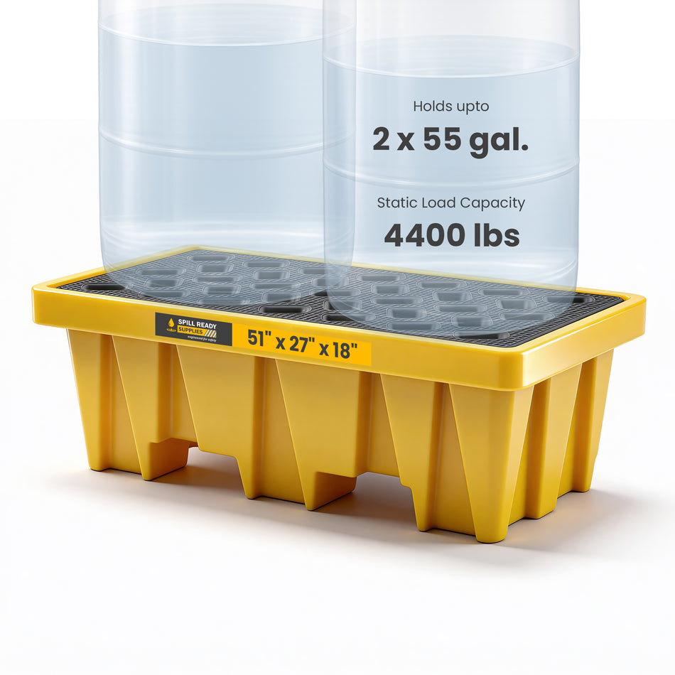 2-Drum Spill Containment Pallet - 51" x 27" x 18" Tall 50 Gal. Sump Capacity HDPE Drum Containment, Yellow