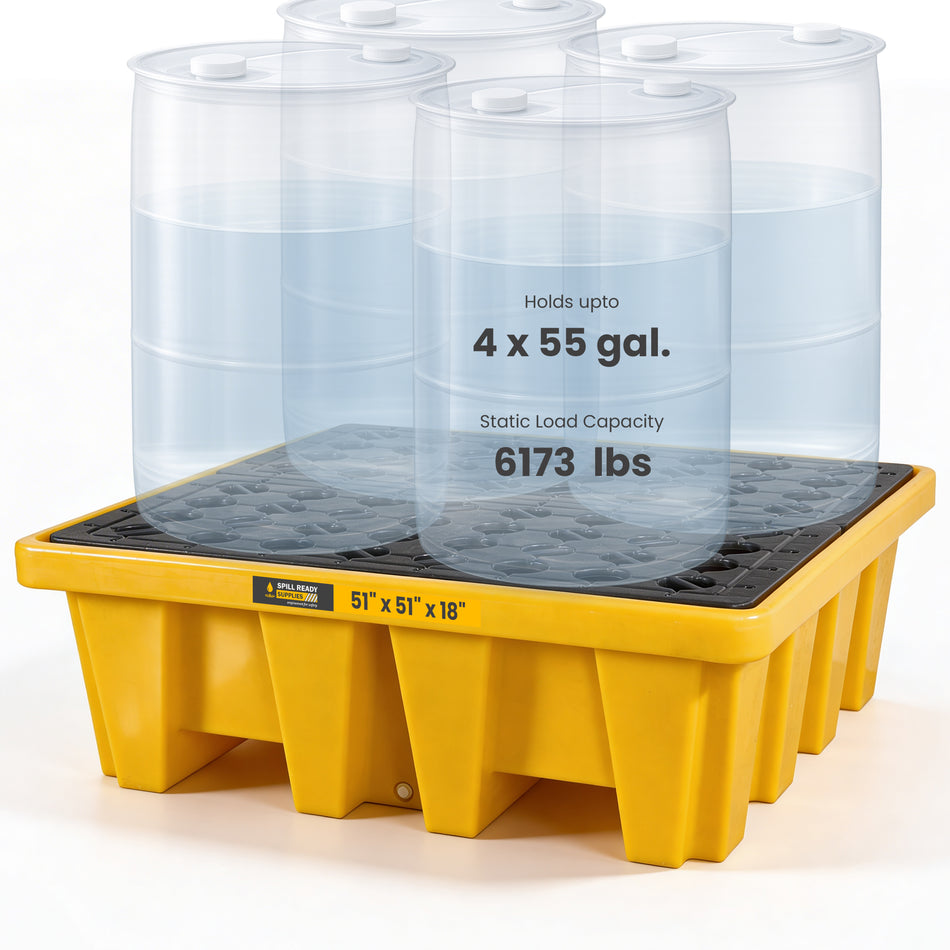 4-Drum Spill Containment Pallet – 51" x 51" x 18" High-Capacity HDPE Drum Containment, Yellow