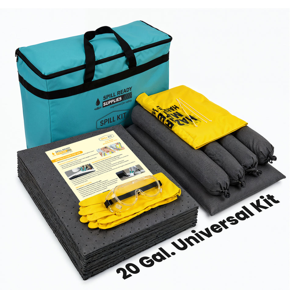 Universal Spill Kit 20 Gallon | Grey Absorbents | Portable Bag | Pads, Socks, Pillows, PPE | Oil, Water, Coolant