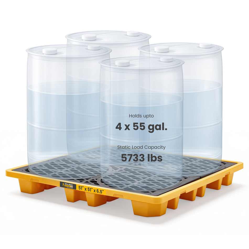 4-Drum Spill Containment Pallet – 52" x 52" x 7" Low-Profile HDPE Drum Spill Deck, Yellow