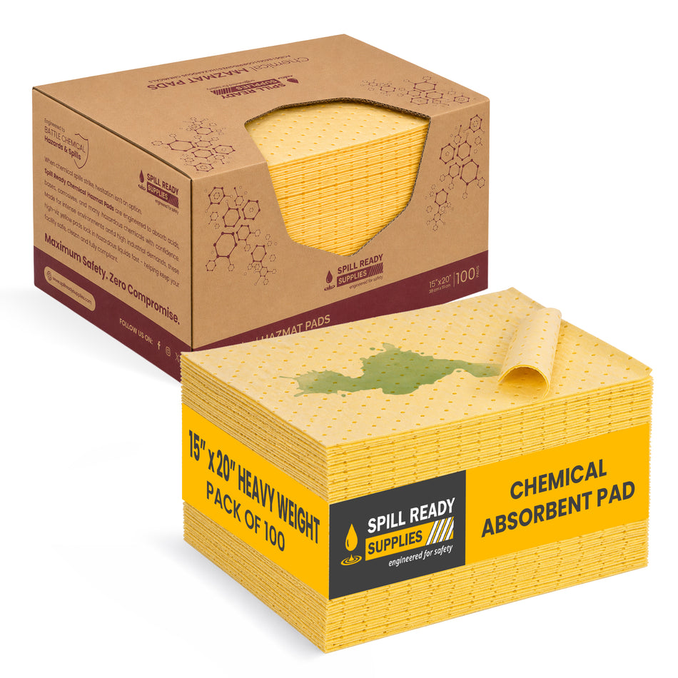 Chemical Absorbent Mat Pad - 3mm 15" W x 20" L | 100 Pack | Yellow | DISPENER BOX