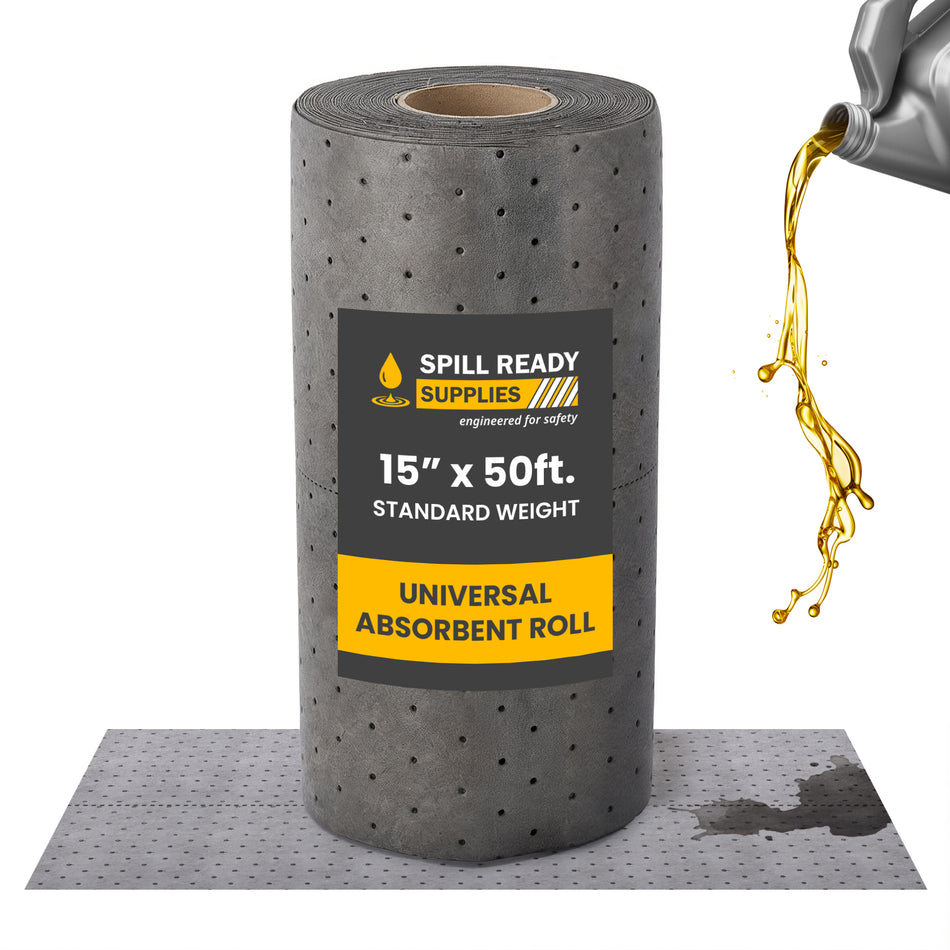 Universal Absorbent Roll 15in x 50ft | Grey Perforated Sorbent Mat for Oil, Coolant & Water | 2mm