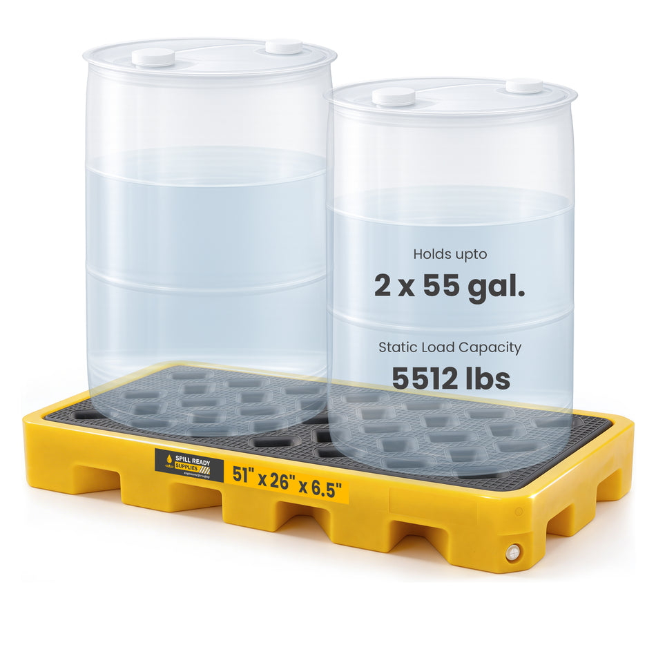 2-Drum Spill Containment Workstation – 51" x 26" x 6.5" Low-Profile Drum Work Deck, HDPE, Yellow
