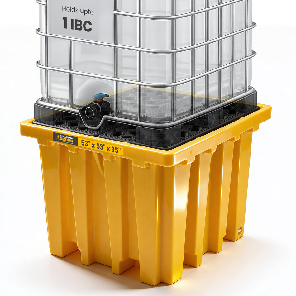 IBC Spill Containment Pallet – 53" x 53" x 35" with 343 Gallon Sump, HDPE Tote Containment, Yellow