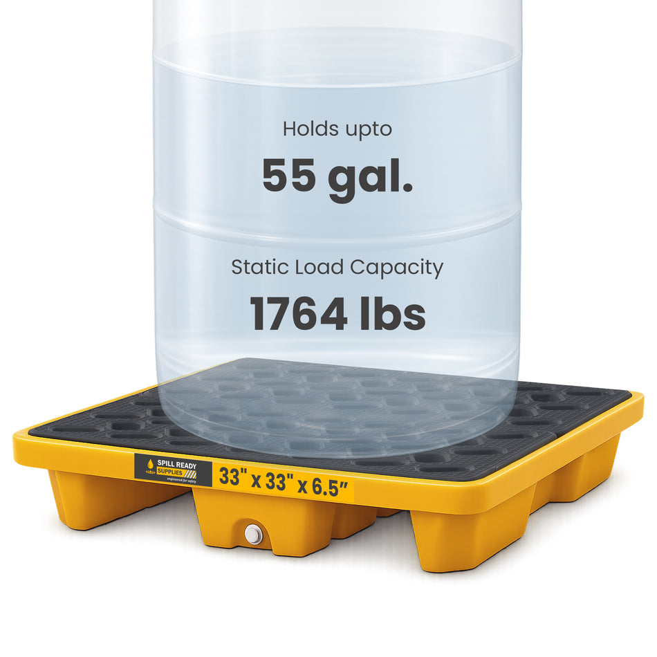 Single Drum Spill Containment Pallet with Forklift Pockets – 33" x 33" x 6.5" Low-Profile HDPE Spill Deck, Yellow