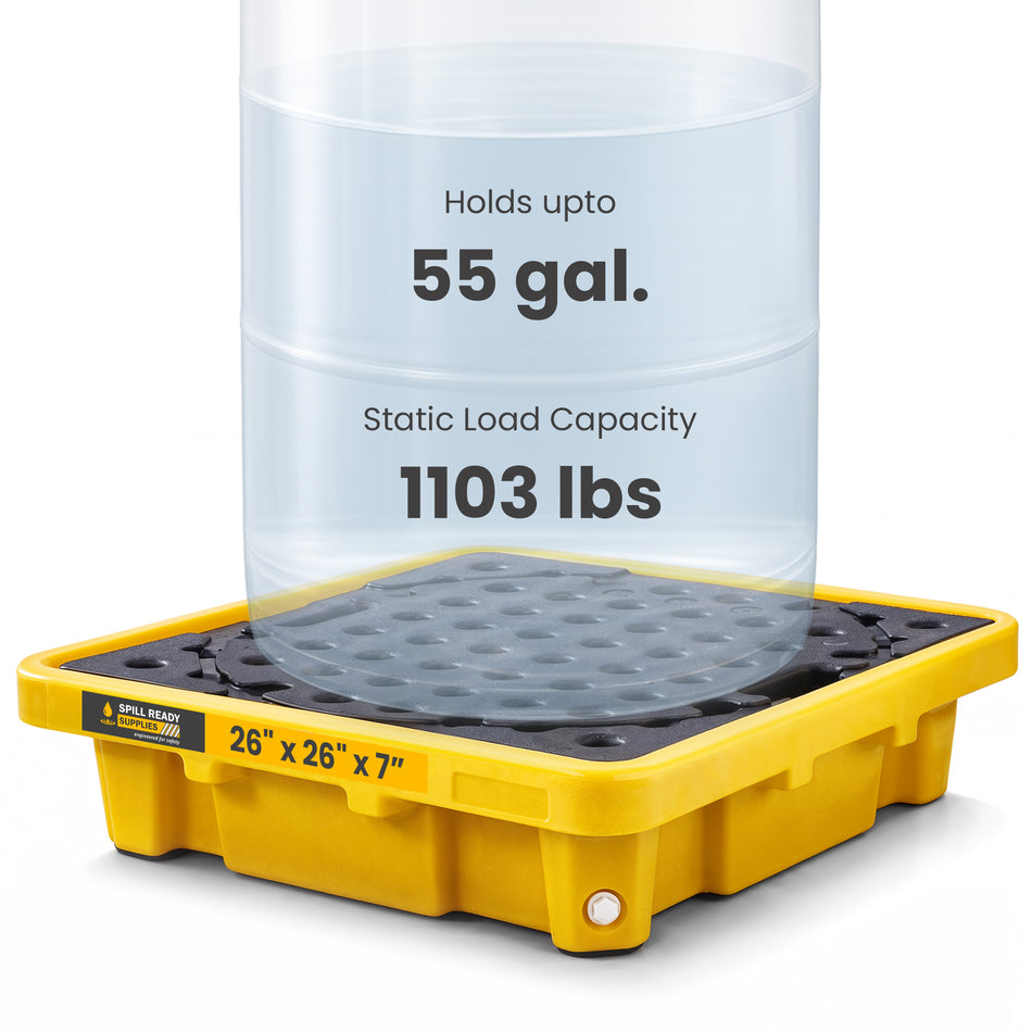 Single Drum Spill Containment Workstation – 26" x 26" x 7" Low-Profile Spill Pallet for 55-Gallon Drum, HDPE, Yellow