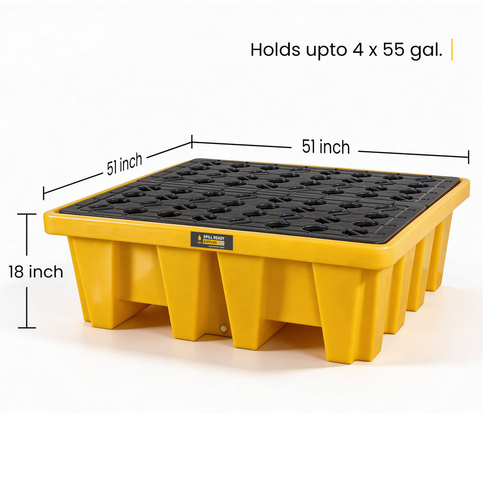 4-Drum Spill Containment Pallet - 51" x 51" x 18" High-Capacity HDPE Drum Containment, Yellow