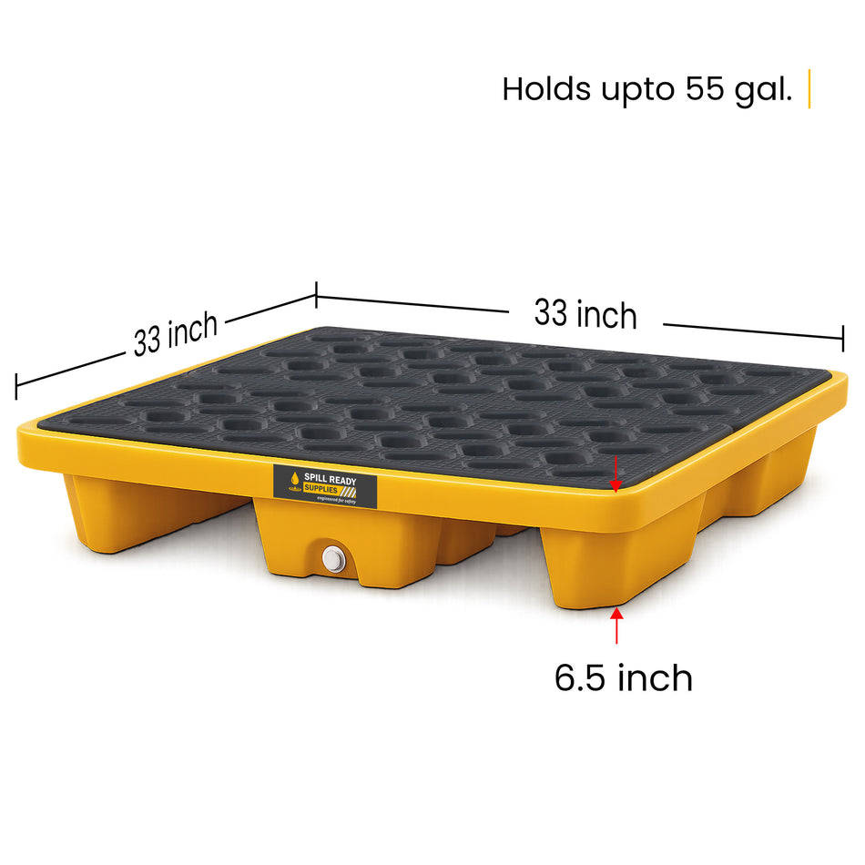 Single Drum Spill Containment Pallet with Forklift Pockets – 33" x 33" x 6.5" Low-Profile HDPE Spill Deck, Yellow
