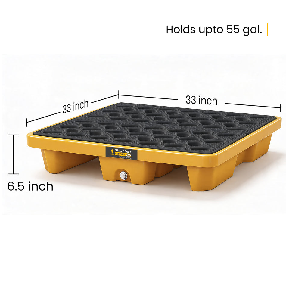 Single Drum Spill Containment Pallet with Forklift Pockets - 33" x 33" x 6.5" Low-Profile 13 Gal. Sump Capacity, HDPE Spill Deck, Yellow