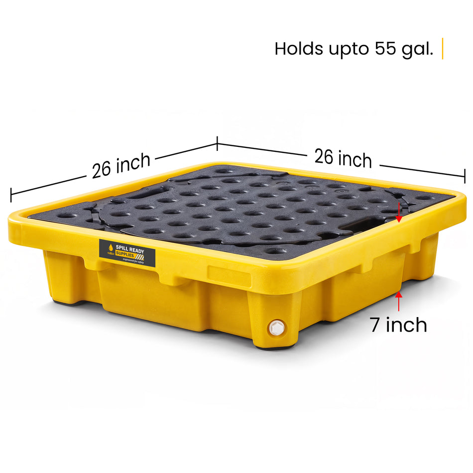 Single Drum Spill Containment Workstation – 26" x 26" x 7" Low-Profile Spill Pallet for 55-Gallon Drum, HDPE, Yellow