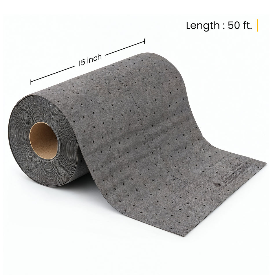 Universal Absorbent Roll 15in x 50ft | Grey Perforated Sorbent Mat for Oil, Coolant & Water | 2mm