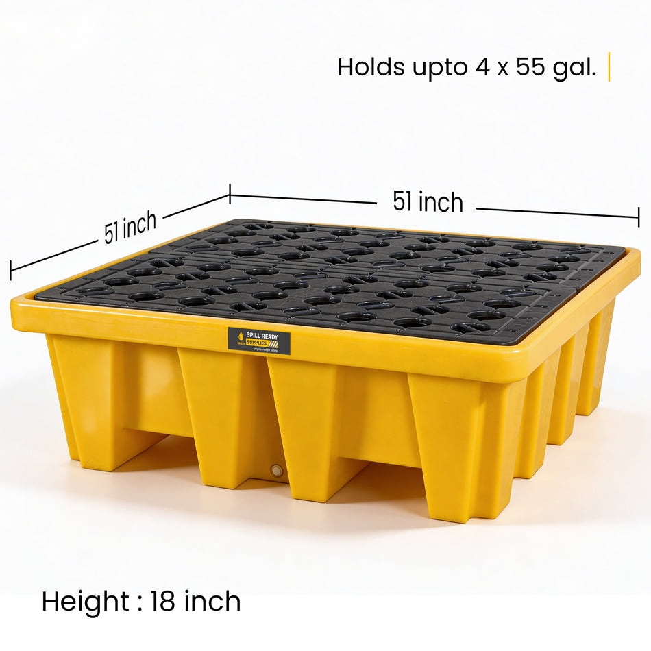 4-Drum Spill Containment Pallet – 51" x 51" x 18" High-Capacity HDPE Drum Containment, Yellow