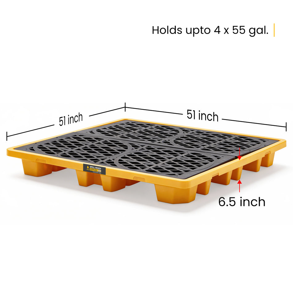 4-Drum Spill Containment Pallet – 52" x 52" x 7" Low-Profile HDPE Drum Spill Deck, Yellow