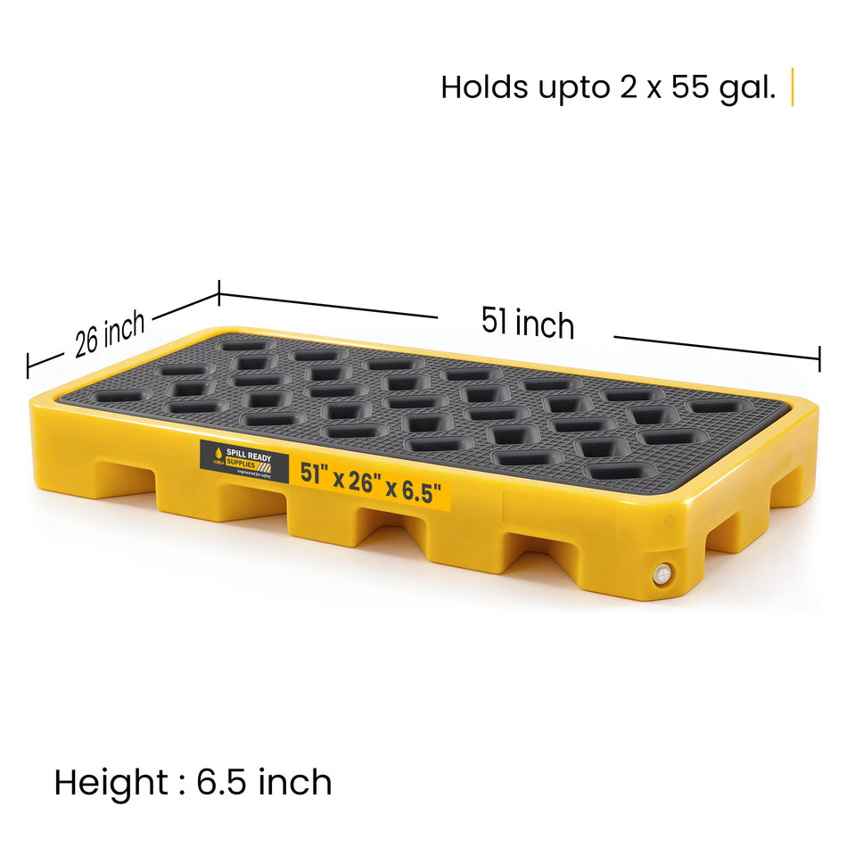 2-Drum Spill Containment Workstation – 51" x 26" x 6.5" Low-Profile Drum Work Deck, HDPE, Yellow