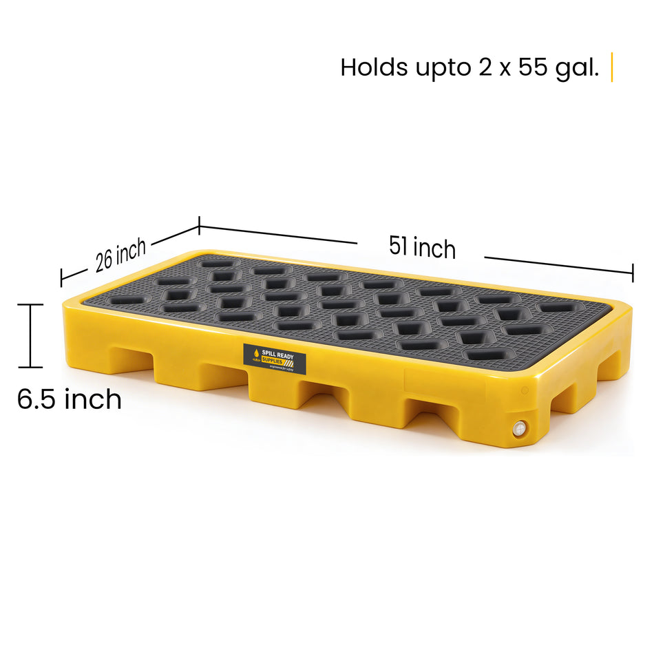 2-Drum Spill Containment Workstation - 51" x 26" x 6.5" Low-Profile 20 Gal. Sump Holds, Drum Work Deck, HDPE, Yellow