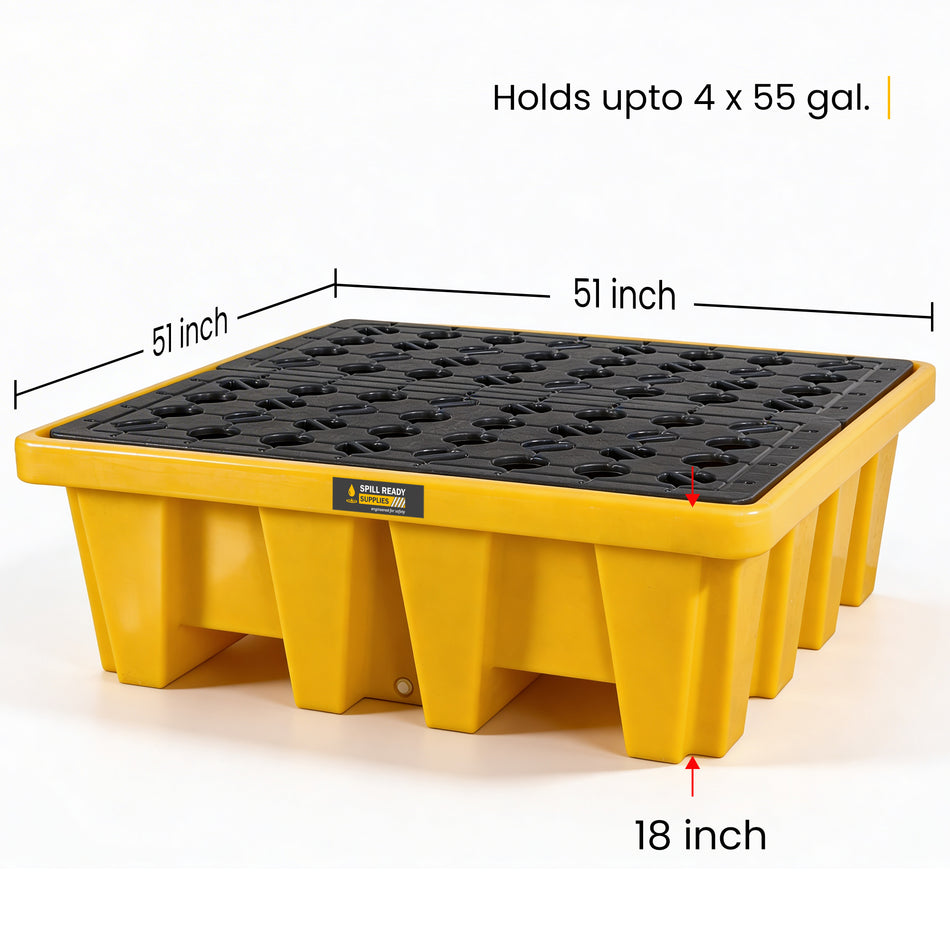 4-Drum Spill Containment Pallet – 51" x 51" x 18" High-Capacity HDPE Drum Containment, Yellow