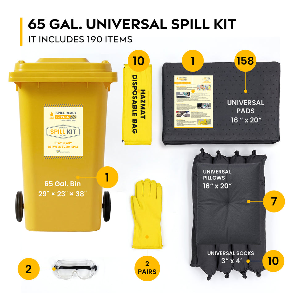 Universal Spill Kit 65 Gallon | Wheeled Bin | Grey Absorbents | High-Count Pads, Socks, Pillows, PPE | Facility Spill Station