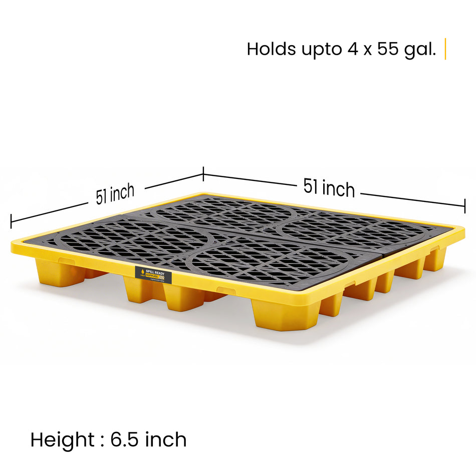 4-Drum Spill Containment Pallet – 52" x 52" x 7" Low-Profile HDPE Drum Spill Deck, Yellow