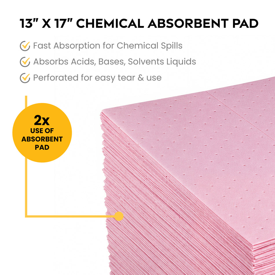 Chemical Absorbent Pads 13in x 17in 100-Pack | Pink Hazmat Sorbent Pads for Acid & Chemical Spills | 4mm Heavyweight