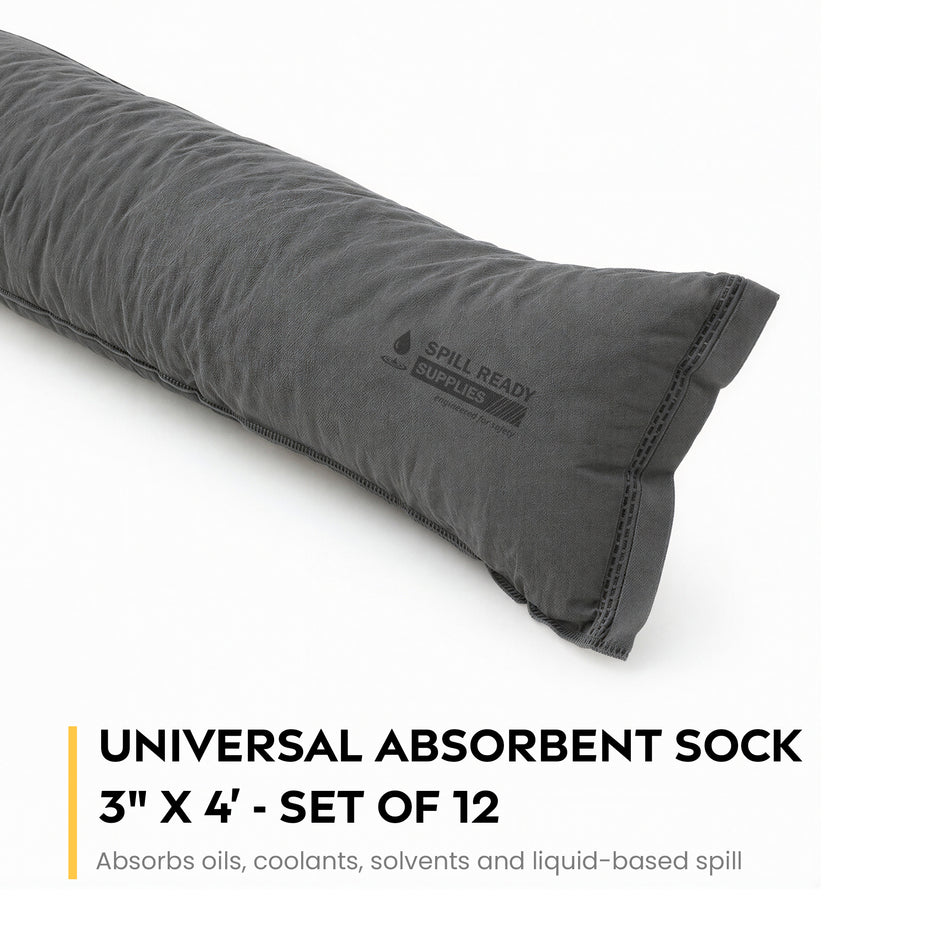 Universal Absorbent Socks 3in x 4ft Set of 12 | Grey Spill Containment Socks for Oil, Water & Coolant