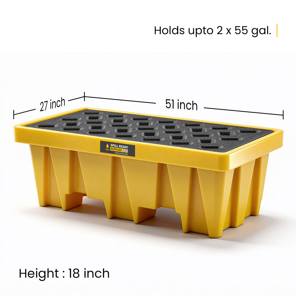 2-Drum Spill Containment Pallet – 51" x 27" x 18" Tall Sump HDPE Drum Containment, Yellow