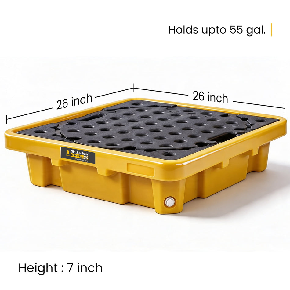 Single Drum Spill Containment Workstation – 26" x 26" x 7" Low-Profile Spill Pallet for 55-Gallon Drum, HDPE, Yellow