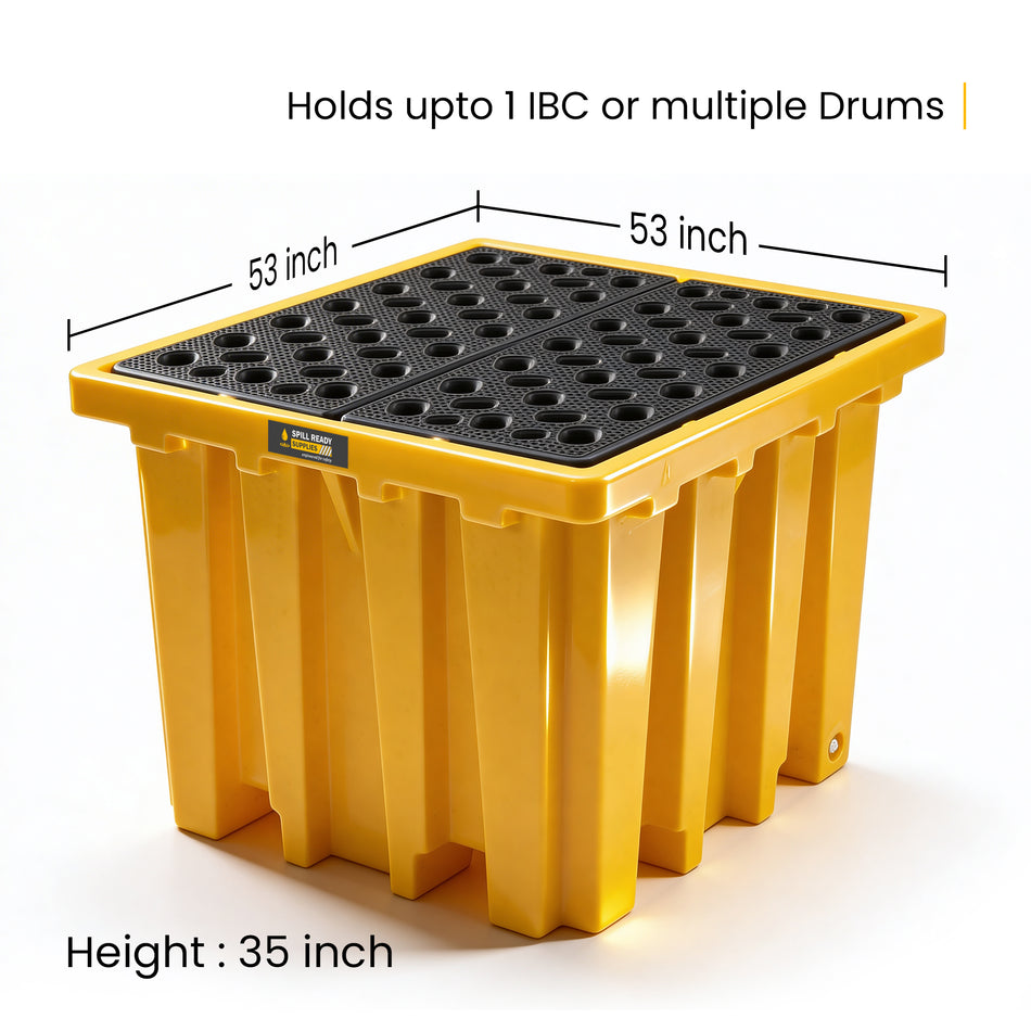 IBC Spill Containment Pallet – 53" x 53" x 35" with 343 Gallon Sump, HDPE Tote Containment, Yellow