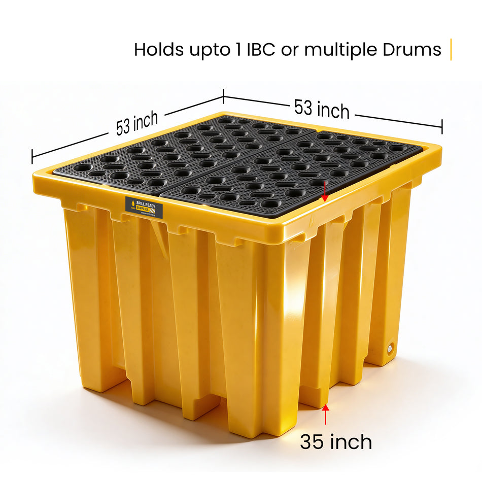 IBC Spill Containment Pallet – 53" x 53" x 35" with 343 Gallon Sump, HDPE Tote Containment, Yellow