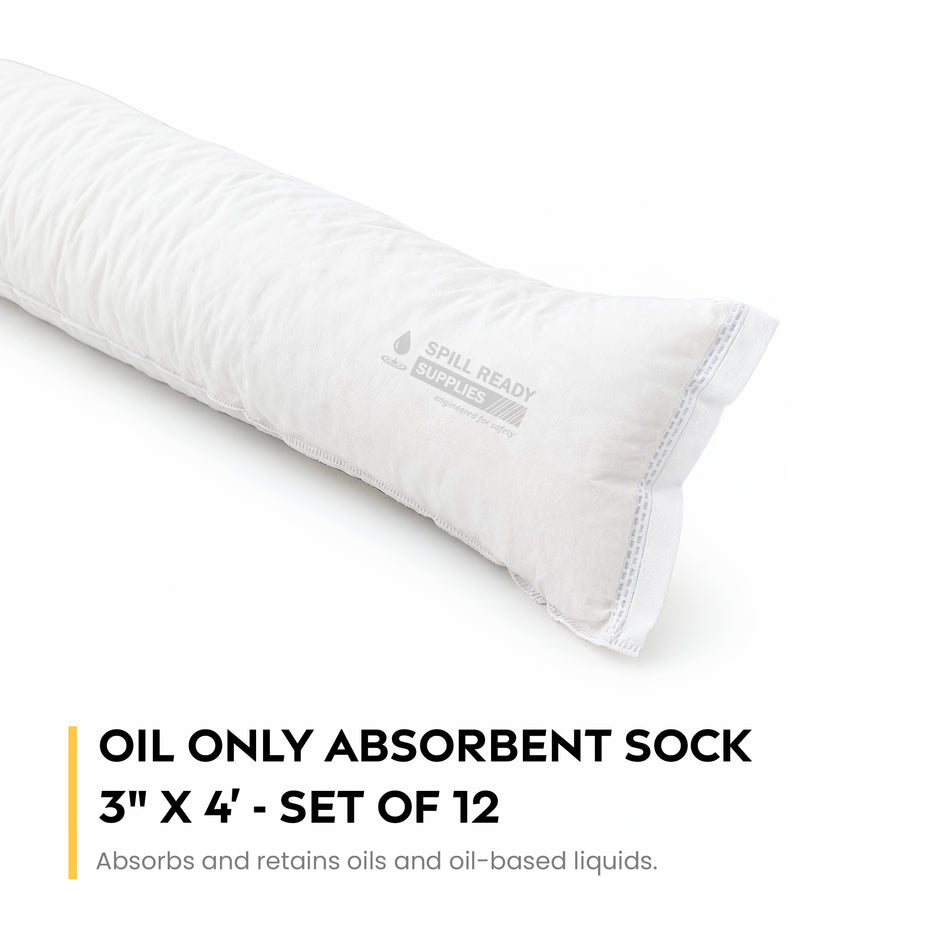Oil Absorbent Socks 3in x 4ft 12-Pack | White Oil-Only Spill Containment Socks for Leaks & Drips